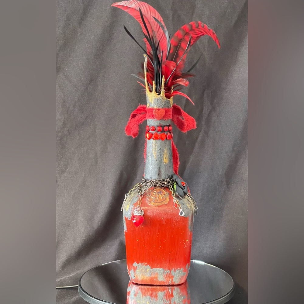 Queen of Hearts Mixed Media Decorative Bottle Art Piece
